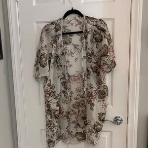 Libian Sheer Floral Kimono in Cream, Pink and Brown